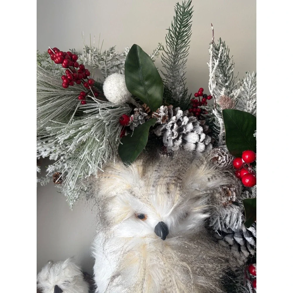 Woodland Owl Christmas Wreath Frosted Pinecone Berry Grapevine‎ Holiday Decor
